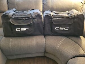 MINT COND PAIR QSC K12 POWERED ACTIVE SPEAKERS PADDED TOTES 4k WATTS PEAK POWER