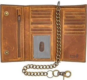 Long Trifold Leather Wallet for Men, Checkbook Cover, RFID Blocking Chain Wallet - Picture 1 of 12