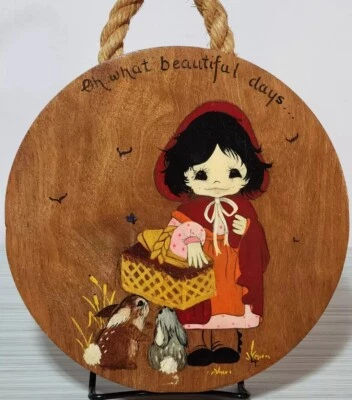 Creepy Oh What Beautiful Days Girl With Red Cape & Bunnies Hand Painted Wall Art - Image 1 of 4