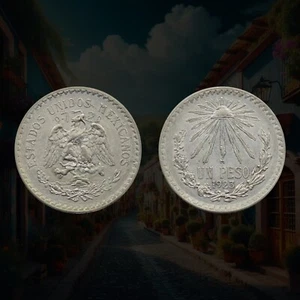 1923 Mexico 1 Peso, .720 Silver Coin, Radiant Cap, Coat of Arms - Picture 1 of 3
