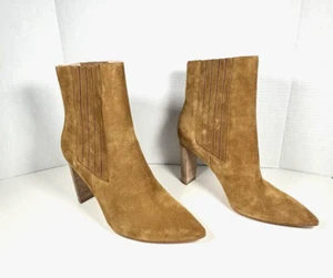 PAIGE London Suede Ankle Boots Women's 11M  Beige Pointed Toe Western Block Heel - Picture 1 of 7