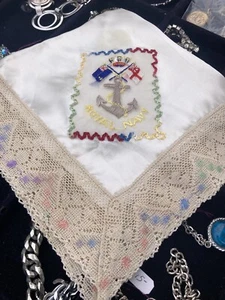 Vintage WWII Royal Navy Military Lace Embroidered Hankie Handkerchief - Picture 1 of 3