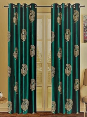 4 Piece Hand Block Gold Peacock Printed Eyelet Polyester Door Curtains 7 Feet - Image 1 of 4
