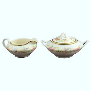 Vintage Canonsburg Pottery Co Cream and Sugar Bowl Lidded Set Creamer Gold Trim - Foto 1 di 4
