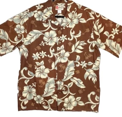 Camisa para hombre Hilo Hattie manga corta abotonada floral grande marrón blanco verde azulado de colección Foto 1 de 4