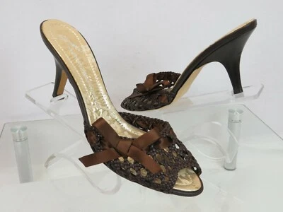 GIUSEPPE ZANOTTI VICINI BROWN WOVEN LEATHER BOW FLORAL LUREX MULES  39.5 ITALY - Image 1 of 4
