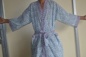 Cotton Long Kimono Sleepwear Indian Hand Block Floral Print Night Dress 2k25 - Picture 1 of 4