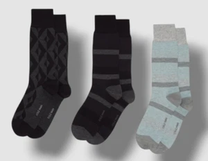 Cole Haan Men's Black Gray Blue 3-Pair Pack Logo Striped Crew Socks Shoe 7-12 - Picture 1 of 1