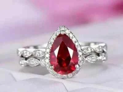 3 Ct Pear Cut Lab-Created Ruby Engagement Bridal Ring Set 14K White Gold Plated - Image 1 of 4