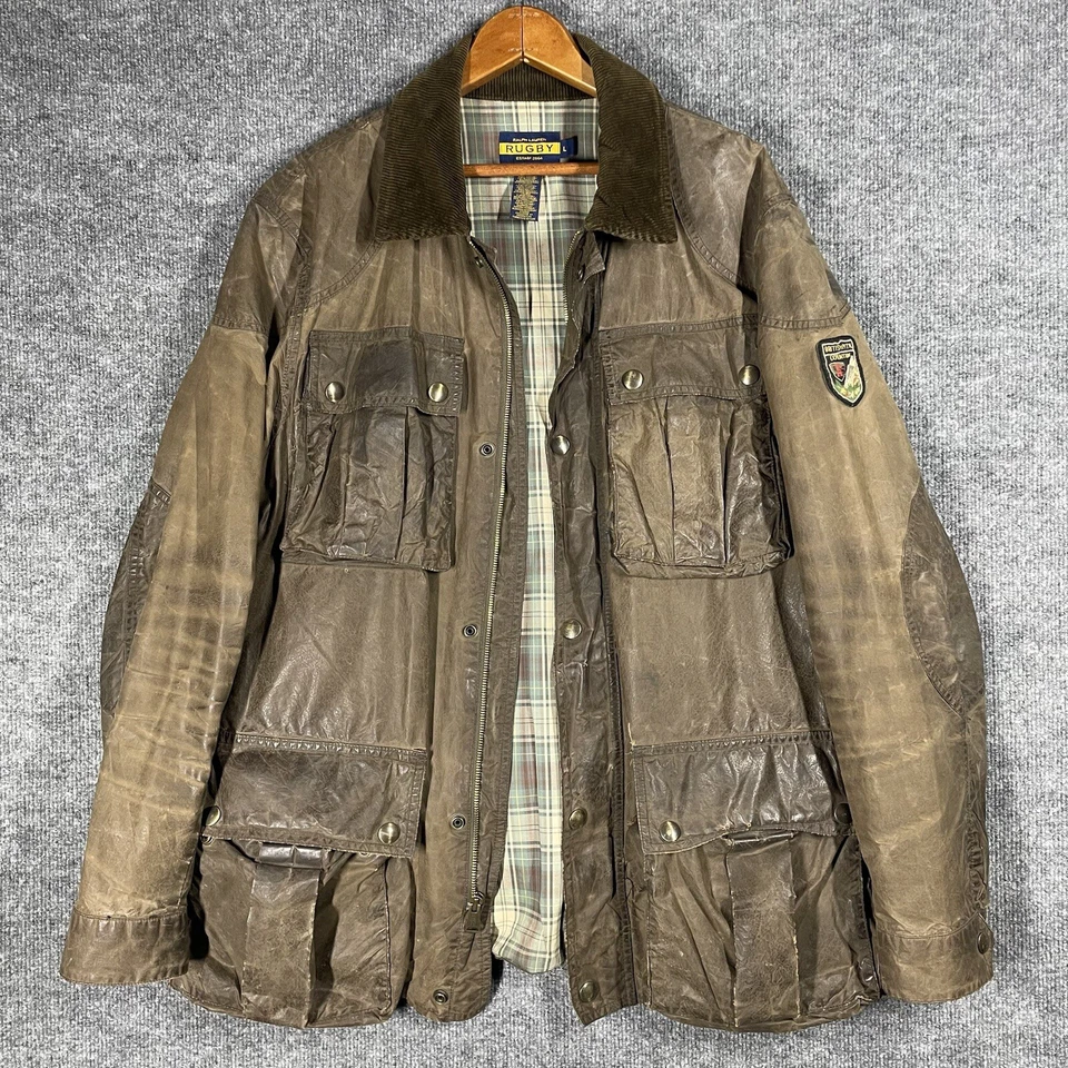 Chaqueta encerada grande Oilcloth envejecida vintage Rugby Ralph Lauren RRL Expedition Foto 1 de 4