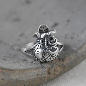 Money Bag Fish Ring 925 Sterling Silver Ring Adjustable Ring - Bild 1 von 6