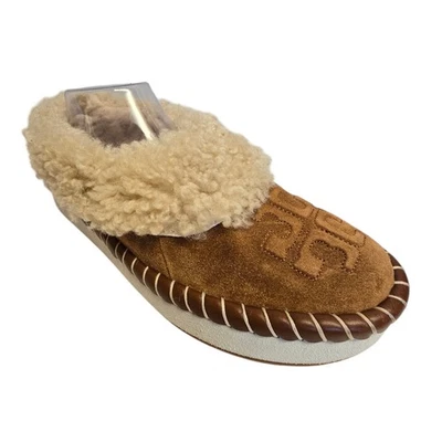 Tory Burch Suede Shearling Shoe Slipper Logo Emblem Tan Camel Rubber Sole 8.5 - Image 1 of 4