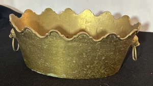 Lg Vintage Solid Brass Scalloped Cache Pot Planter w/Lion Head Handles Oval Bowl - Picture 1 of 9