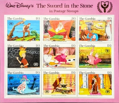 1991 Gambia Disney Stamp Sheet, Sword in the Stone, International Literacy Year - Image 1 of 2