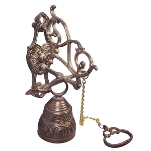 Vintage Brass Wall Mount Hanging Monastery Door Porch Bell With Ornate Pull - Picture 1 of 11