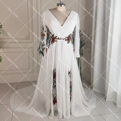 Wedding Dress Embroidered Cutout Backless Long Split Flare Sleeves Bridal Gowns - Image 1 of 4