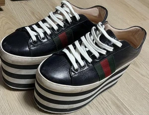 GUCCI Plateau Leder Sneaker Gr. 36 schwarz niedrig geschnitten Schnürung Web - Bild 1 von 24