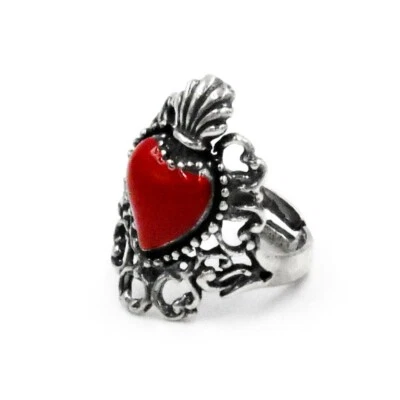 Anello in Argento Brunito Regolabile Sacro Cuore Smaltato con Decoro Barocco  - Immagine 1 di 4