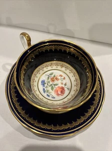 Vintage Aynsley Tea Cup & Saucer Black & Gold w/ Flowers Perfect Set - Picture 1 of 13