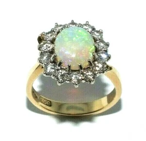 Donna 18 KT Oro Giallo Anello con Un Opale + Completo Carato Di Diamanti,UK Size - Foto 1 di 8