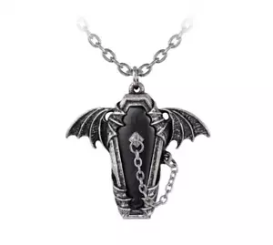 Alchemy Gothic Eternal Sleep Winged Coffin Black Pewter Pendant Necklace - Picture 1 of 3