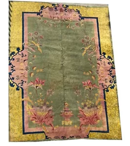 Alfombra china antigua Art Deco dorada y verde A 2ND To None circa 1920 - Imagen 1 de 12