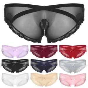 UK Mens Sissy See-Through Mesh Underwear Crotchless Low Rise Lace Trim Briefs - Picture 1 of 115