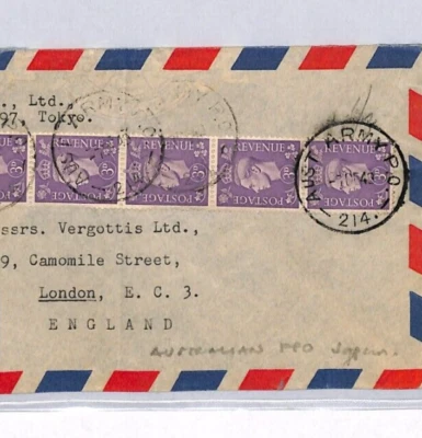 GB USED ABROAD Japan AUSTRALIA FPO.214* 1949 Air Mail Cover Tokyo 3d STRIP ZN172 - Image 1 of 4