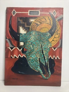 Vintage Original Oil Painting Southwestern Still Life Turquoise Skull -Signed - Picture 1 of 10