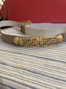 Judith Leiber Tan Karung Leather belt Gem Multicolor Cabochons gold buckle - Picture 1 of 7