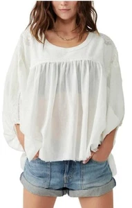 Free People White Sunday Tunic Top Oversized Crochet Balloon Sleeve Sheer XS/S - Picture 1 of 20