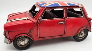 Red Mini Cooper Car Union Jack Flag Roof Vintage Style Tin Model Display Car - Picture 1 of 10