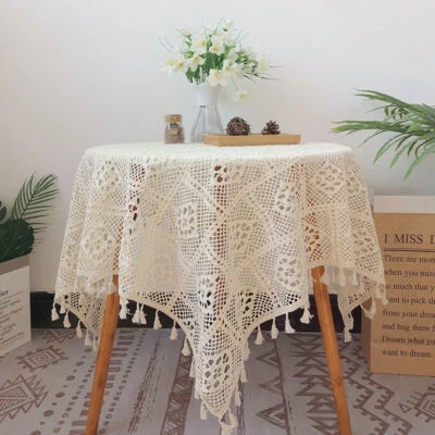 Vintage Crochet Lace Tablecloth Rectangular Hollow Doily Tassel Table Cover Chic - Image 1 of 4