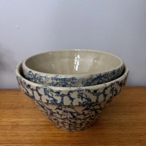 2pc Robinson Ransbottom Roseville OH, Blue Spongeware 8" & 7" Mixing Bowls, EUC - Picture 1 of 16