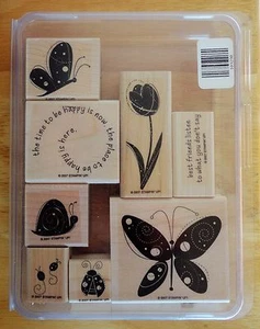 2007 Stampin Up Garden Whimsy 8 piezas Juego de sellos de tinta de goma Ladybug caracol mariposa - Imagen 1 de 5