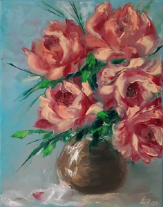 Pintura Rosas Rosas Flor Arte Original Floral Pintura Impasto al Óleo 16 por 12 pulgadas - Imagen 1 de 7