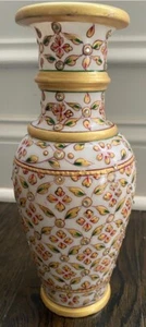 Marble Stone Flower Vase 9" Emboss Hand Carved Pot Handicraft Meenakari Painted - Picture 1 of 3