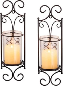 Candle Sconces Wall Decor Set of 2 Black Pillar Candle Holders Metal Wall Art - Picture 1 of 7