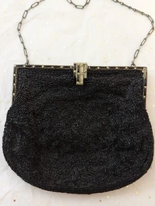 1920s Longchamps France Beaded Evening Purse Black Glass Bugle Beads Marcasite - Picture 1 of 10