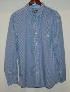 mens XL Chaps Stretch Easy Care blue/white check long sleeve button front shirt