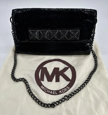 Michael Kors Black Studded Snakeskin Python Chain Shoulder Bag Clutch W/Dust Bag - Image 1 of 4