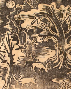 Paisaje forestal Elche expresionismo alemán firmado corte en linol 1950 - Imagen 1 de 4