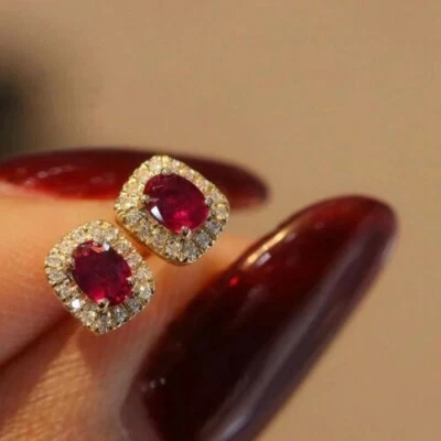 2.20Ct Oval Lab Created Red Ruby Halo Stud Earring 14K Yellow Gold Plated Silver - Image 1 of 4