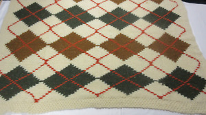 Hand Knit Argyle Blanket (Cream, Green, Rust, Orange) Size: 4x5 ft (Wool)