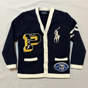 Polo Ralph Lauren Boy's Cotton Letterman Varsity Navy V-Neck Cardigan Size 7 - Picture 1 of 11