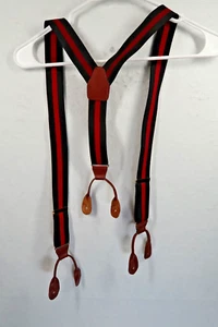 Vintage CAS W Germany Suspenders Striped Leather Braces Toggles - Picture 1 of 9