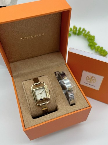 Orologio Tory Burch Small Phipps logo oro cinturino extra set TBW7257 nuovo con scatola $325