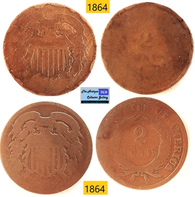2 1864 US Copper Two Cent Pieces 🪙 Civil War Era 🪙Antique🪙 - Image 1 of 4