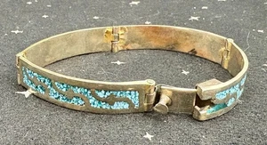 Vintage Alpaka Mexiko Neusilber Panel Armband mit Türkis Chip Inlay 7" - Bild 1 von 5