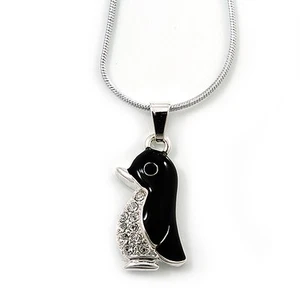 Cute Black Enamel, Crystal 'Penguin' Pendant With Snake Chain In Silver Tone - - Picture 1 of 6